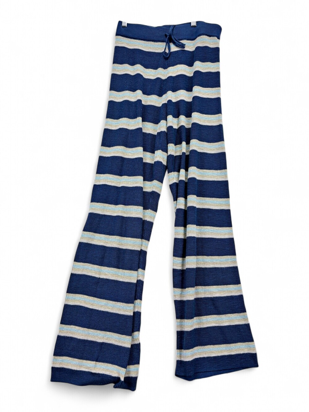 Free-est Knit Striped Flare Pants Blue Cream Drawstring Waist S